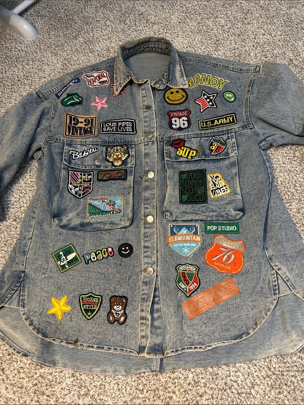 Vintage Denim Jean Jacket Oversized with Multicolor Patches